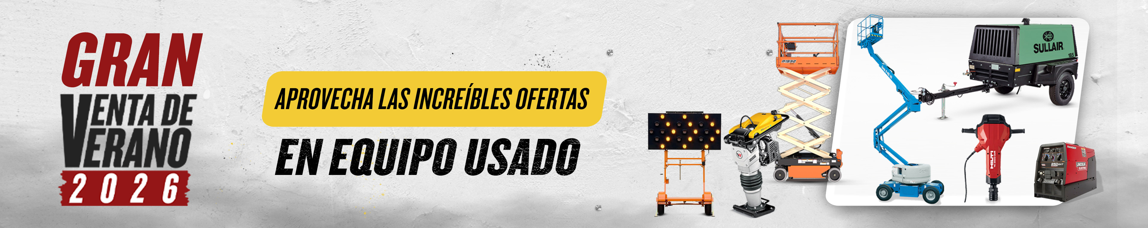 Banner principal de Matco Rentas mostrando maquinaria pesada: retroexcavadora, montacargas y plataforma de elevación