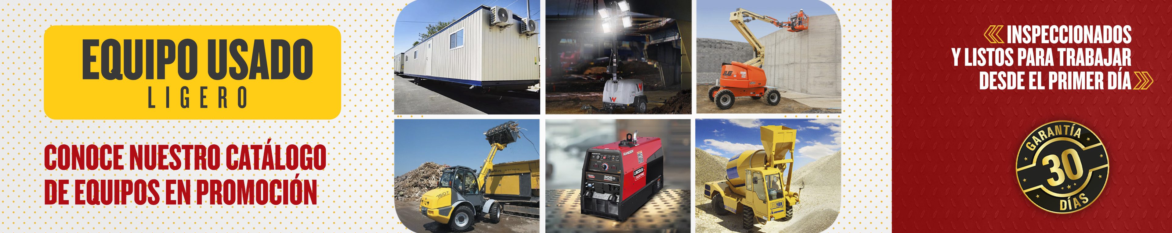 Banner principal de Matco Rentas mostrando maquinaria pesada: retroexcavadora, montacargas y plataforma de elevación